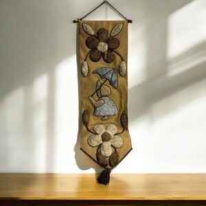 Vtg MCM 60’s 70’s Burlap Carpet Wall Hanging Tapestry‎ Floral Prairie Boho Decor